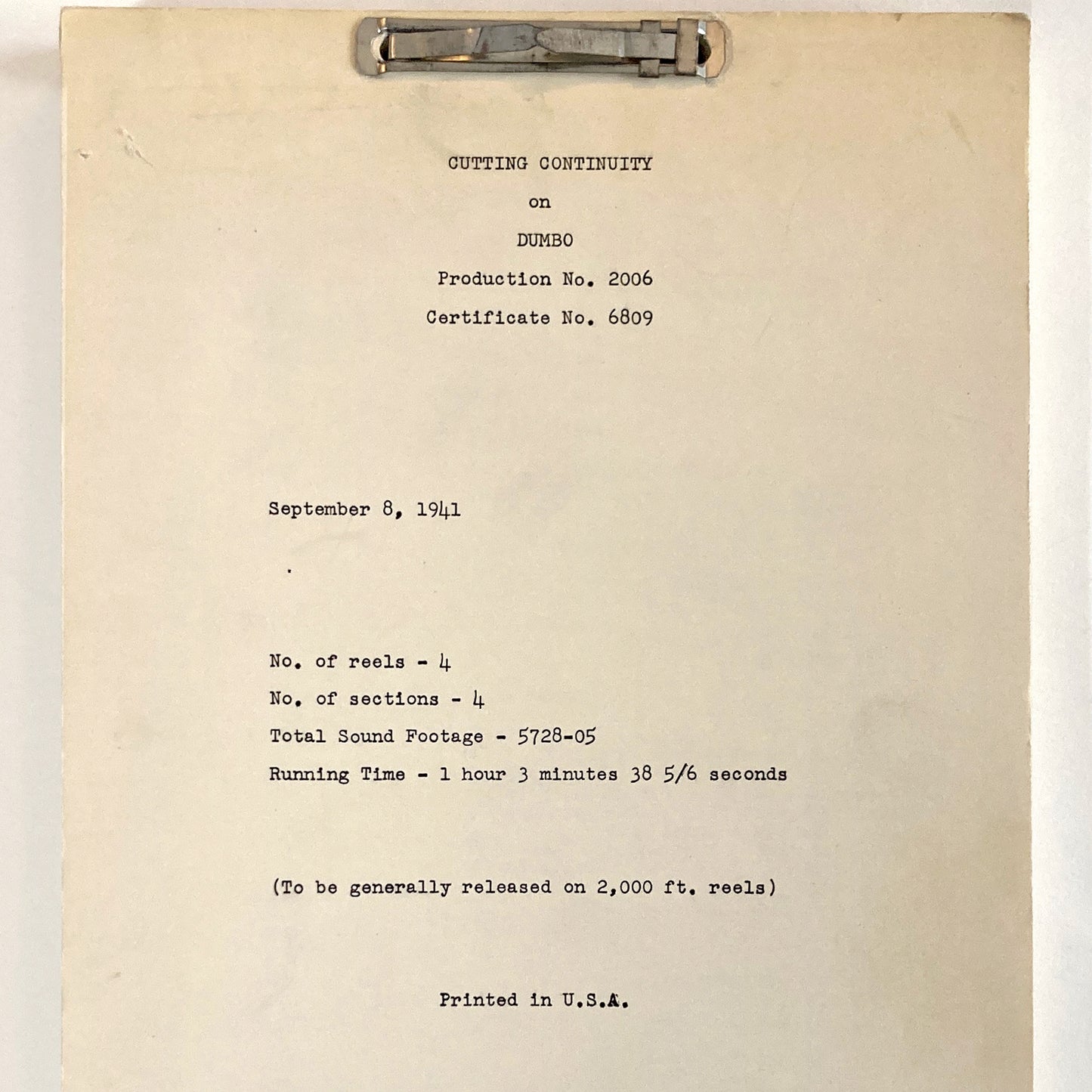 DUMBO Original 1941 Script from Walt Disney Productions
