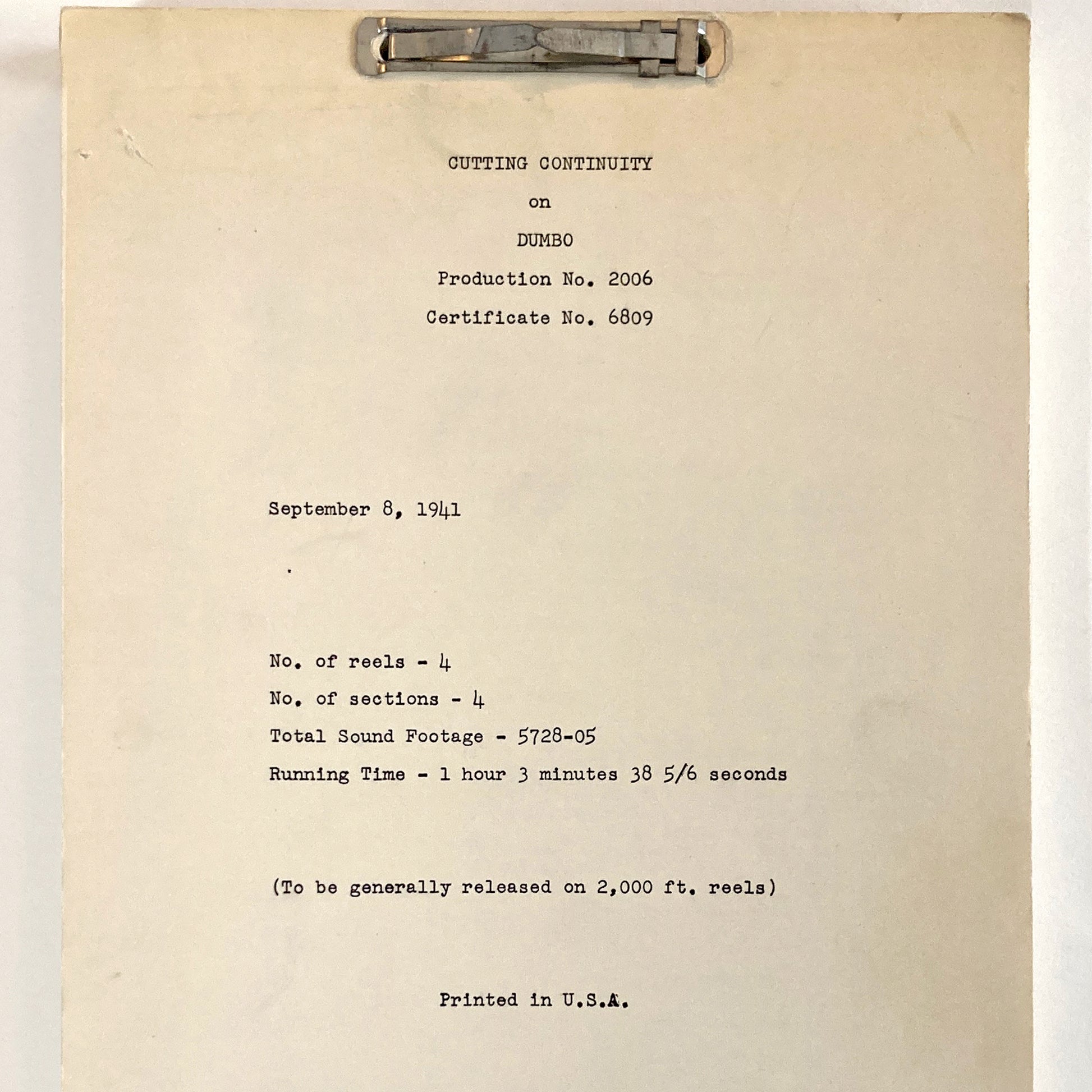 DUMBO Original 1941 Script from Walt Disney Productions